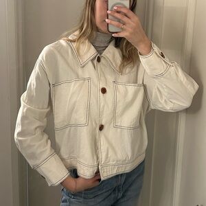 White Cotton Bomber Button Stitch Detail Jacket